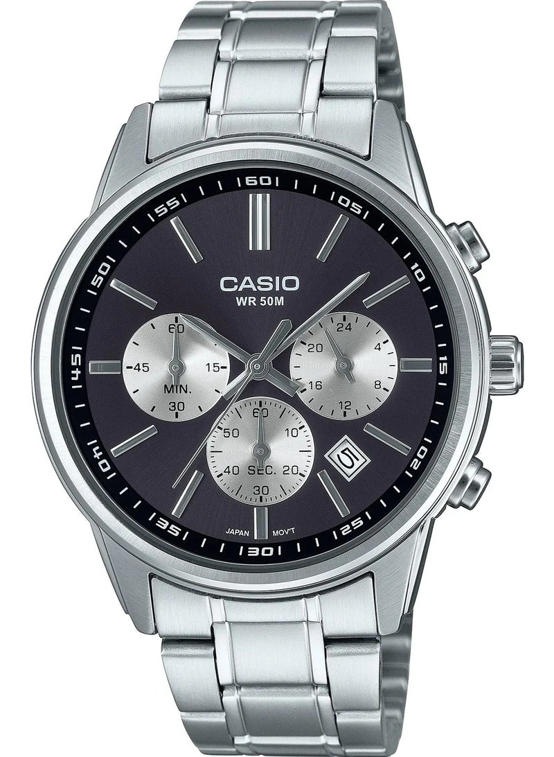 كاسيو Analog Men’s Watch MTP‑E515D‑1AVDF, 48 mm Black Dial with Three Sub‑Dials, Silver Stainless Steel Bracelet, 50 m WR - Image 1